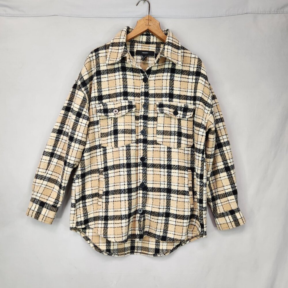 Forever 21 Wool Blend Shacket Womens XS Tan Brown Plaid Flannel Button Up Shirt - Picture 3 of 7